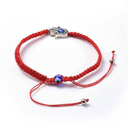 Adjustable Nylon Thread Braided Bead Bracelets Sets, with Handmade Lampwork Evil Eye Beads, Tibetan Style Alloy Bead Frames and 304 Stainless Steel Charms, Hamsa Hand/Hand of Fatima/Hand of Miriam