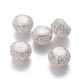 Natural Cultured Freshwater Pearl Beads, with Polymer Clay Rhinestone, Flat Round