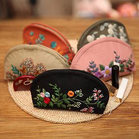DIY Flower Pattern Moon-shaped Cosmetic Bag Embroidery Beginner Kit, including Embroidery Needles & Thread, Cotton Linen Fabric, Imitation Bamboo Embroidery Hoop, Instruction Sheet