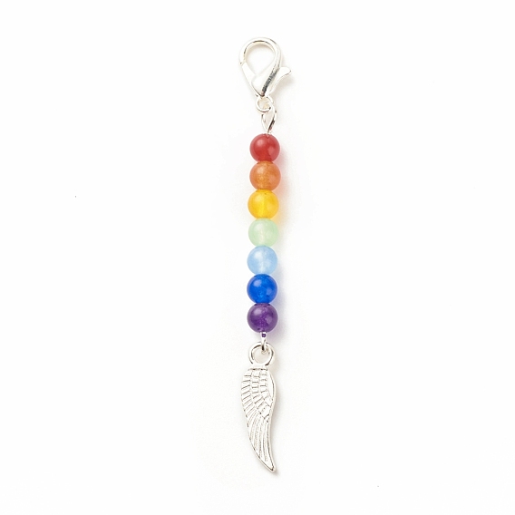 Chakra Theme Natural & Dyed Malaysia Jade Beaded Pendant Decorations, with Lobster Claw Clasps, Alloy Pendants, Wing
