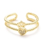 Corazón de circonita cúbica transparente con anillo de puño abierto de corona, joyas de latón para mujer, sin plomo y cadmio