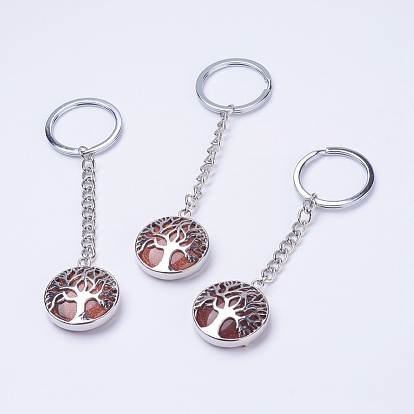 Porte-clé pierres précieuses, avec les principaux anneaux de fer, chaîne de fer et laiton, plat et circulaire avec arbre de vie