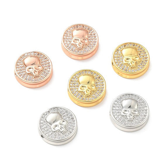 Brass Micro Pave Clear Cubic Zirconia Beads, Long-Lasting Plated, Lead Free & Cadmium Free, Flat Round with Skull