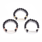 Bracelets élastiques, avec pierre de lave naturelle plaquée et plaquée de longue durée, pierre de lave naturelle et perles de zircone cubique en laiton, rectangle