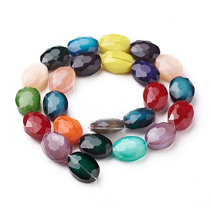 Brillo nacarado hebras de perlas de vidrio chapado, oval con facetas, 16x12x7~7.5 mm, agujero: 1~1.4 mm, sobre 24 unidades / cadena, 15 pulgada