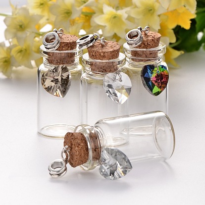 Antique Silver Plated Alloy Glass Bottle European Dangle Charms, with Electroplated Glass Heart Charms, 60mm, Hole: 5mm