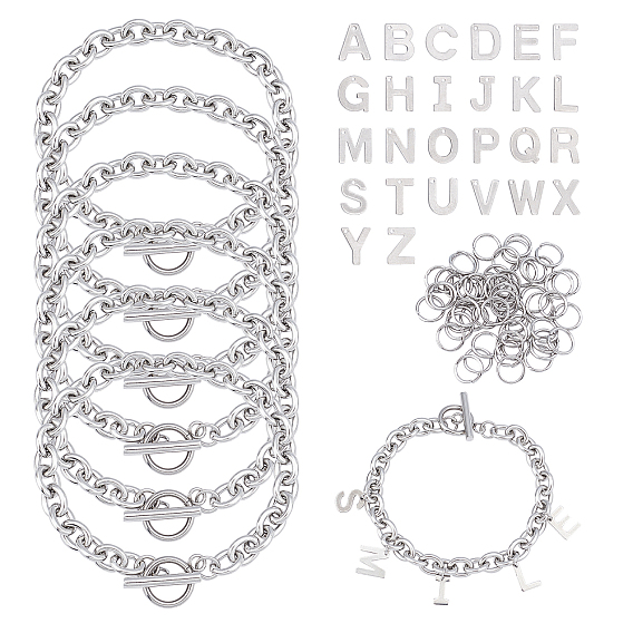 Unicraftale diy 304 kits de fabricación de pulseras de acero inoxidable, Incluyendo amuletos de letras y anillos de salto y pulseras de cadena de cable