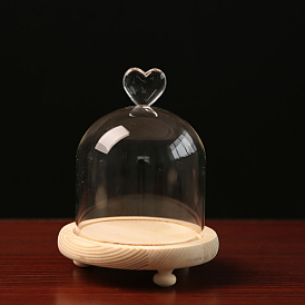 High Borosilicate Glass Dome Cover, Heart Decorative Display Case, Cloche Bell Jar Terrarium with Feet Wood Base