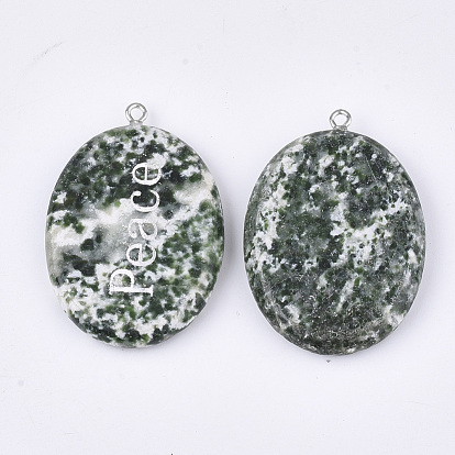 Pendants de pierres gemmes naturelles, pendentifs à message inspirant, avec les accessoires en fer, ovale avec le mot, platine