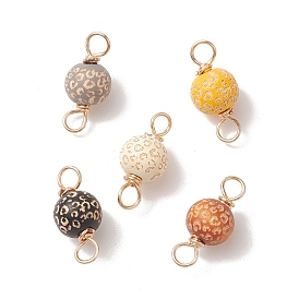 Painted Natural Wood Connector Charms, with Eco-Friendly Light Gold Plated Copper Wire Double Loops, Round with Leopard Print