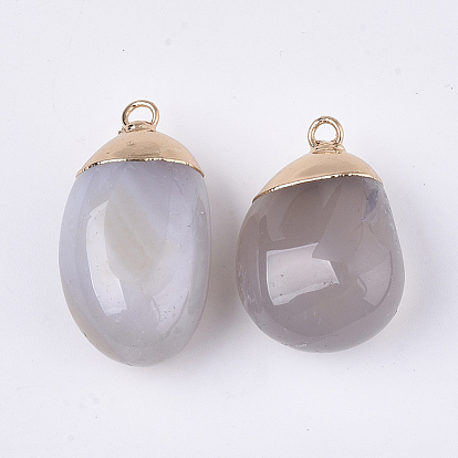 Electroplate Natural Grey Agate Pendants, with Brass Findings, Dyed, Oval, Golden