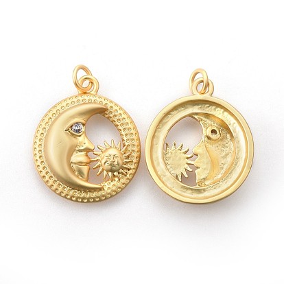 Brass Pendants, with Micro Pave Cubic Zirconia, Long-Lasting Plated, Flat Round with Moon & Sun