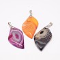 Natural Agate Big Pendants, Leaf, Dyed, with Platinum Tone Brass Findings, 48~51x27~30x6mm, Hole: 7x4mm