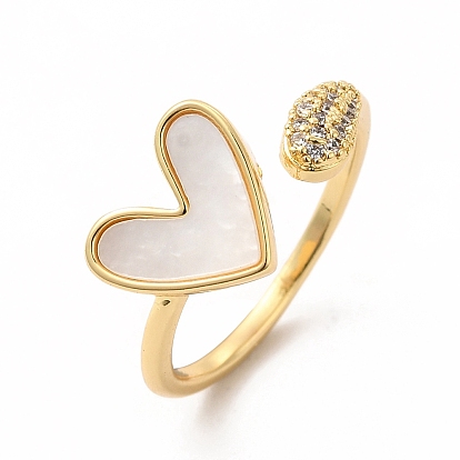 Natural Shell Heart Open Cuff Ring with Cubic Zirconia, Brass Jewelry for Women