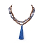 Collar budista de madera y jaspe azul natural, collar de lazo con borlas de poliéster para mujer