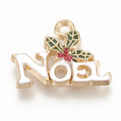 Alloy Enamel Pendants, Christmas Holly Leaves with Word Noel