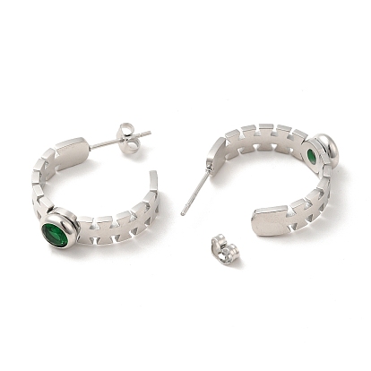 Emerald Rhinestone Geometry Stud Earrings, 304 Stainless Steel Half Hoop Earrings for Women