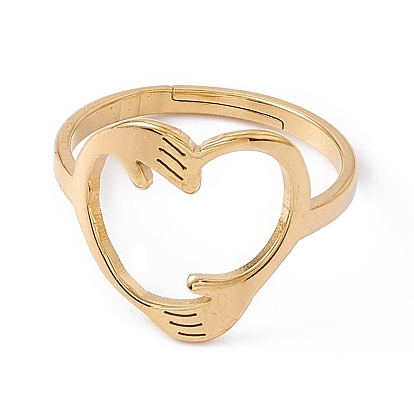 201 anillo ajustable de corazón con abrazo de mano de acero inoxidable para mujer