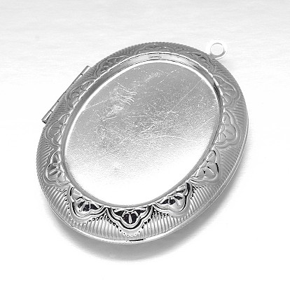 Carved Oval Rack Plating Brass Locket Pendant Cabochon Settings, Lead Free, Tray: 35x27mm, 52x39x10mm, Hole: 2mm, Inner: 33x25mm