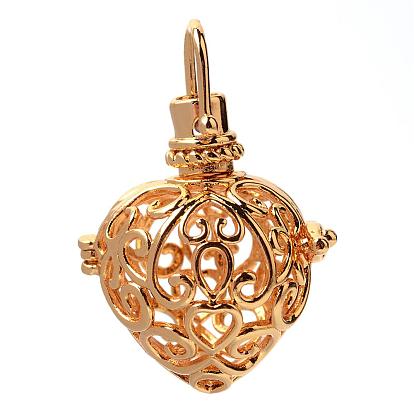 Rack Plating Brass Cage Pendants, For Chime Ball Pendant Necklaces Making, Hollow Heart