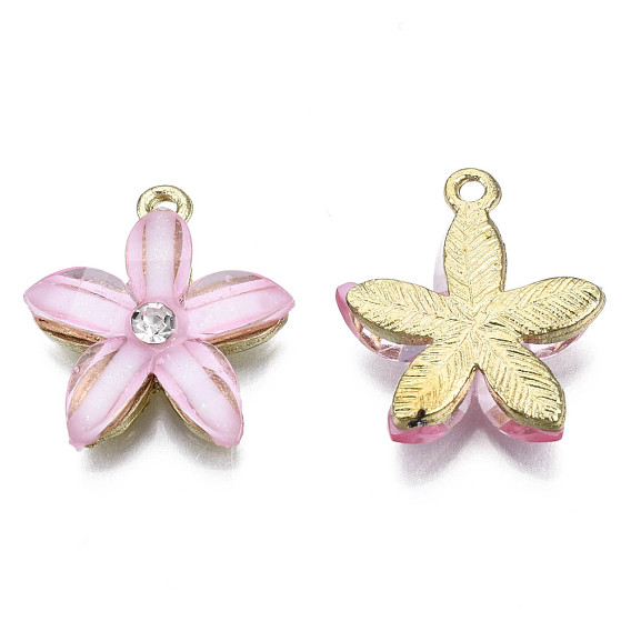 Alloy Pendants, with Resin and Rhinestone, Flower, Crystal, Light Gold