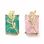 Glass Pendants, with Real 18K Gold Plated Brass Findings, Rectangle with Leaf