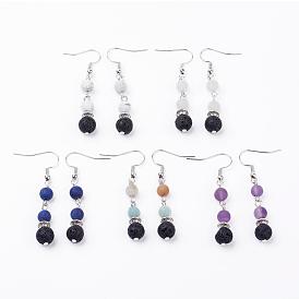 Frosted Natural Gemstone Dangle Earrings, with Natural Lava Rock Beads, Brass Earring Hooks and Alloy & Iron Findings