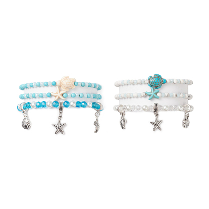 Ocean Theme Synthetic Turquoise & Natural Howlite Anklets Set, with Glass Beads and Tibetan Style Zinc Alloy Charms