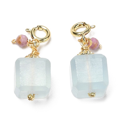 Natural Aquamarine Cuboid Pendant Decorations, with Round Natural Lepidolite and Brass Spring Ring Clasps