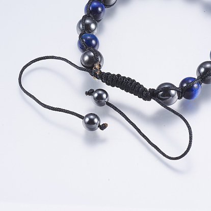 Adjustable Nylon Cord Braided Bead Bracelets, with Magnetic Synthetic Hematite & Natural Tiger Eye Round Beads