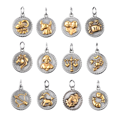 316 Surgical Stainless Steel Pendants, Flat Round with Horoscope/Twelve Constellation/Zodiac Sign