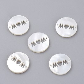 Natural White Shell Links Connectors, Flat Round with Word Mom, for Mother's Day