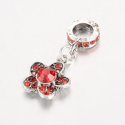 Flower Antique Silver Plated Alloy Rhinestone European Dangle Charms, Large Hole Pendants, 29x12x4.5mm, Hole: 5mm
