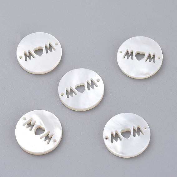Connecteurs de liaison coquille blanche naturelle, plat rond avec le mot maman, pour la fête des mères