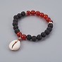 Bracelets stretch breloque coquille cauris, avec des perles de pierres précieuses et des perles d'espacement en alliage de style tibétain