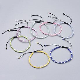 Bracelets de perles tressées en fil de nylon ajustable, avec des perles en verre de graine, couleurs opaques lustered, ceylan rond, ronde