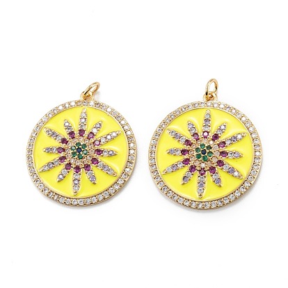 Brass Micro Pave Colorful Cubic Zirconia Pendants, with Enamel and Jump Rings, Flat Round with Flower