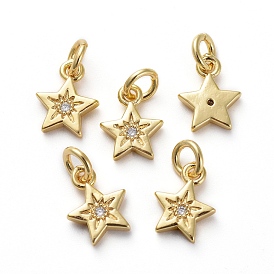 Brass Micro Pave Cubic Zirconia Pendants, with Jump Rings, Star