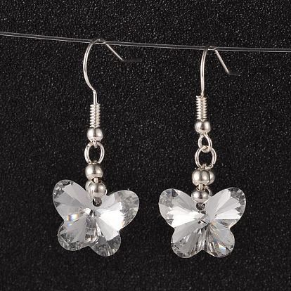 Platinum Tone Brass Butterfly Electroplate Glass Beads Dangle Earrings, 36mm, Pin: 0.6mm