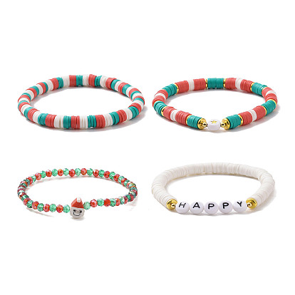 4 pcs 4 ensemble de bracelets extensibles heishi surfeur en argile polymère de style, bracelets de noël empilables père noël et verre pour femme