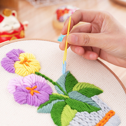 Kits de pintura de bordado de hilo diy con patrón de flores de rosa/lirio/narciso para principiantes, incluyendo instrucciones, tela de algodón estampada, hilo y agujas para bordar, aro redondo para bordar