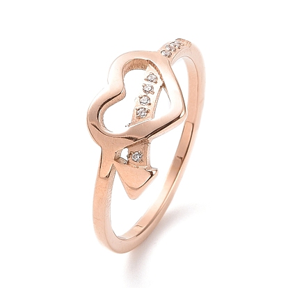 Crystal Rhinestone Heart with Arrow Finger Ring, 304 Stainless Steel Jewelry for Women