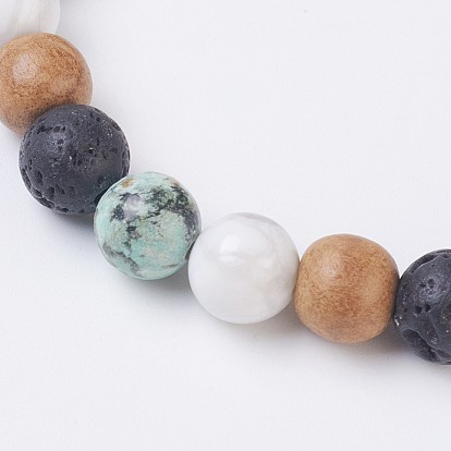 Bracelets élastiques de pierres précieuses naturelles, avec howlite naturelle et pierre de lave et perles de bois de santal, ronde