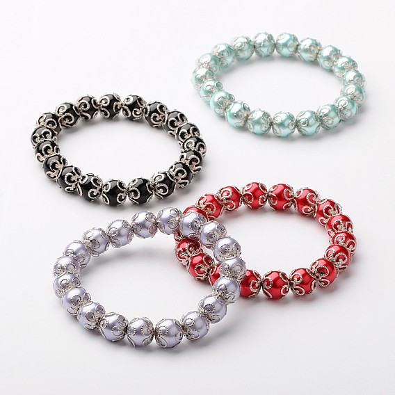 Glass Pearl Round Bead Stretch Bracelets, with Iron Bead Caps, Antique Silver, 53mm
