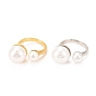 Brass Cuff Ring, with Shell Pearl Round Beads, Long-Lasting Plated