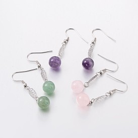 Natural Gemstone Dangle Earrings, with 304 Stainless Steel Findings, 48mm, Pin: 0.7mm