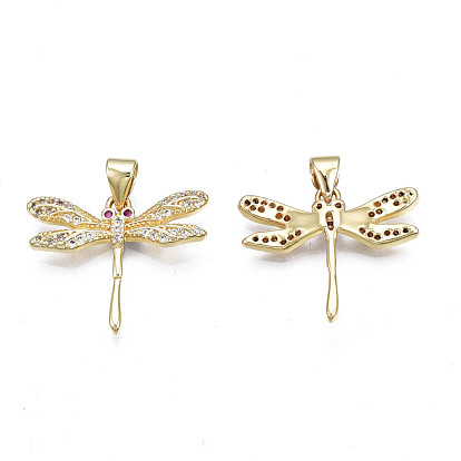 Brass Micro Pave Cubic Zirconia Pendants, with Real 18K Gold Plated Brass Findings, Nickel Free, Autumn Pendants, Dragonfly