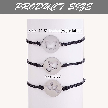 3Pcs 3 Style 430 Stainless Steel Butterfly Link Bracelets Set, Match Adjustable Bracelets for Best Friends Couple Family