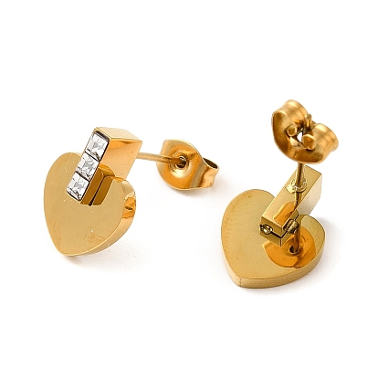 Vacuum Plating 304 Stainless Steel Heart Stud Earrings with Rhinestone