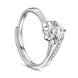 SHEGRACE Sparkling Micro Pave Zirconia 925 Sterling Silver Finger Ring, Flower with White AAA Cubic Zirconia, 17mm